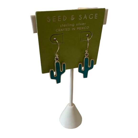 Seed & Sage Sterling Silver Turquoise Colored Cactus Drop Earrings 🌵🌵 - Picture 2 of 5